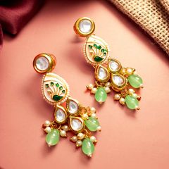 Green color Earrings in Metal Alloy studded with Artificial, Beads, Kundan & Gold Rodium Polish : 1902977