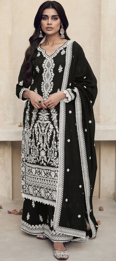 Festive, Reception Black and Grey color Salwar Kameez in Silk fabric with Palazzo, Straight Embroidered, Resham, Thread work : 1903032