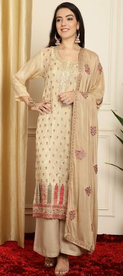 Beige and Brown color Salwar Kameez in Silk fabric with Embroidered, Resham, Sequence, Thread, Zari work