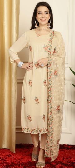 Beige and Brown color Salwar Kameez in Georgette fabric with Embroidered, Resham, Sequence, Thread, Zari work