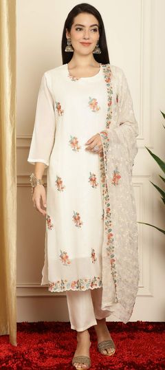 White and Off White color Salwar Kameez in Georgette fabric with Embroidered, Resham, Sequence, Thread, Zari work