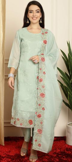 Green color Salwar Kameez in Organza Silk fabric with Resham, Sequence, Thread work