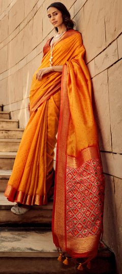 Orange color Saree in Art Silk, Silk fabric with Weaving work