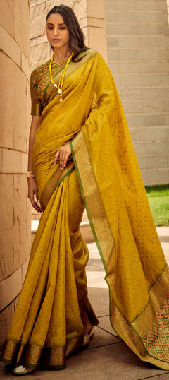 Yellow color Saree in Art Silk, Silk fabric with Weaving work