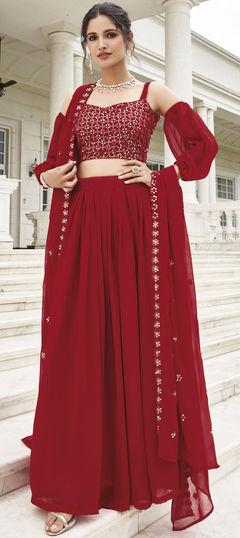 Festive, Party Wear, Reception Red and Maroon color Ready to Wear Lehenga in Georgette fabric with Straight Sequence, Thread, Zari work : 1903188