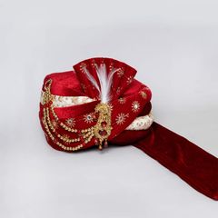 Red and Maroon color Turban in Velvet fabric with Broches, Sequence, Thread work