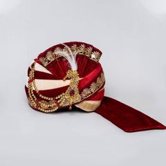 Red and Maroon color Turban in Velvet fabric with Broches, Sequence, Thread work