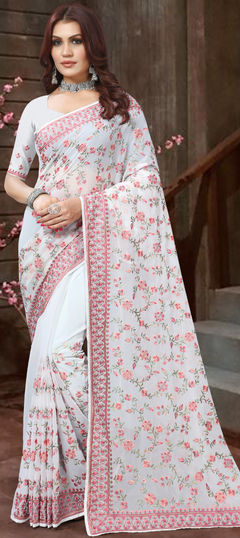 White and Off White color Saree in Georgette fabric with Embroidered, Resham, Thread work