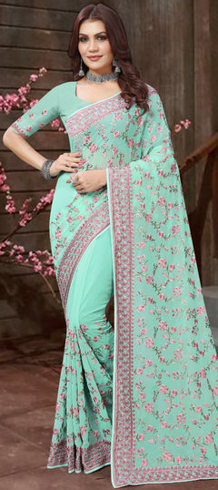 Green color Saree in Georgette fabric with Embroidered, Resham, Thread work