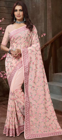 Pink and Majenta color Saree in Georgette fabric with Embroidered, Resham, Thread work