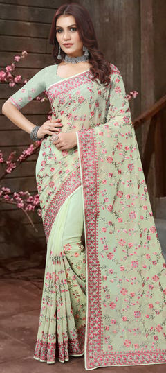 Green color Saree in Georgette fabric with Embroidered, Resham, Thread work