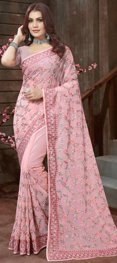 Pink and Majenta color Saree in Georgette fabric with Embroidered, Resham, Thread work