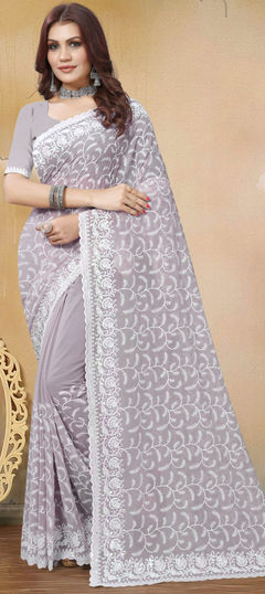 Purple and Violet color Saree in Georgette fabric with Embroidered, Resham, Thread work