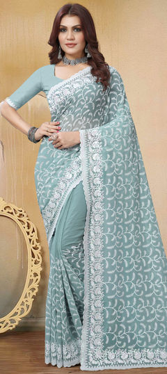 Green color Saree in Georgette fabric with Embroidered, Resham, Thread work