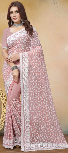 Pink and Majenta color Saree in Georgette fabric with Embroidered, Resham, Thread work