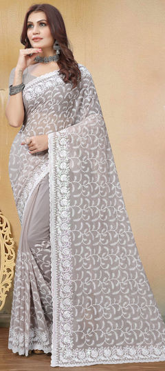 Black and Grey color Saree in Georgette fabric with Embroidered, Resham, Thread work