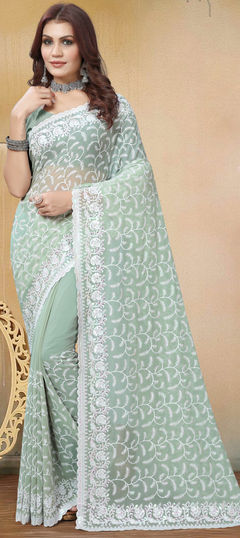 Green color Saree in Georgette fabric with Embroidered, Resham, Thread work