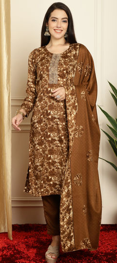 Beige and Brown color Salwar Kameez in Pashmina fabric with Digital Print, Floral work