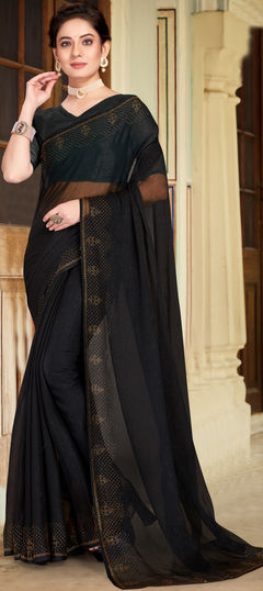 Black and Grey color Saree in Shimmer fabric with Stone work