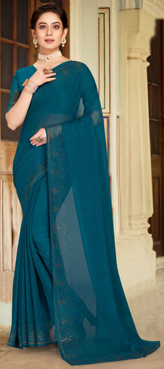 Blue color Saree in Shimmer fabric with Stone work