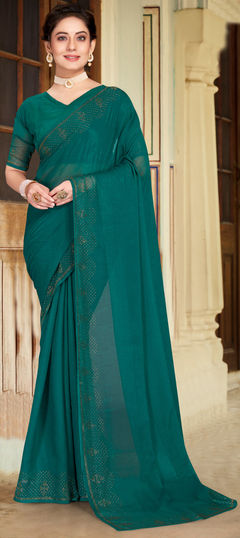 Green color Saree in Shimmer fabric with Stone work