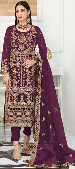 Purple and Violet color Salwar Kameez in Net fabric with Embroidered, Sequence, Thread work