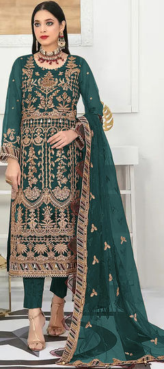 Green color Salwar Kameez in Net fabric with Embroidered, Sequence, Thread work