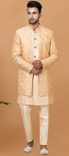 Party Wear Beige and Brown, Gold color IndoWestern Dress in Banarasi Silk, Jacquard fabric with Weaving work : 1903770