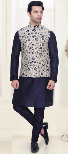 Blue color Kurta Pyjama with Jacket in Art Silk fabric with Weaving work