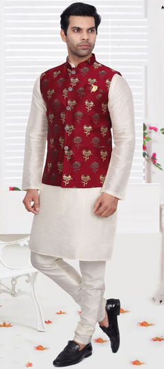 Beige and Brown color Kurta Pyjama with Jacket in Art Silk fabric with Weaving work