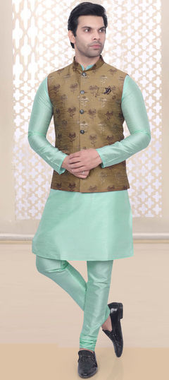 Green color Kurta Pyjama with Jacket in Art Silk fabric with Weaving work