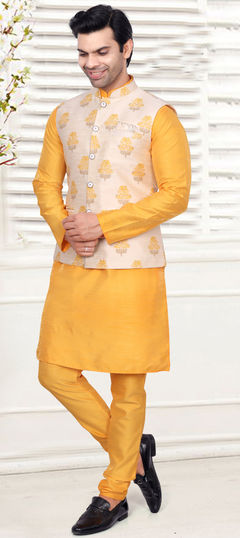 Yellow color Kurta Pyjama with Jacket in Art Silk fabric with Weaving work