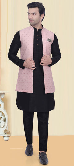 Black and Grey color Kurta Pyjama with Jacket in Art Silk fabric with Printed work