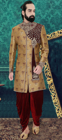Beige and Brown color IndoWestern Dress in Brocade fabric with Patch, Stone, Weaving, Zardozi work
