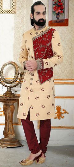 Engagement, Wedding Beige and Brown color Sherwani in Brocade fabric with Cut Dana, Stone, Weaving work : 1903952