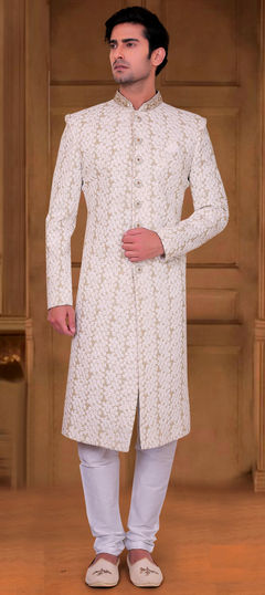 Engagement, Wedding White and Off White color Sherwani in Brocade fabric with Embroidered, Resham, Thread work : 1903953