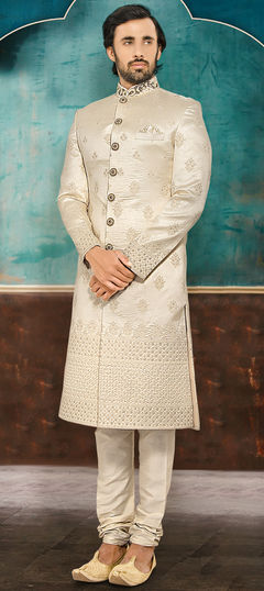 Engagement, Wedding Beige and Brown color Sherwani in Brocade fabric with Embroidered, Resham, Stone, Thread work : 1903954