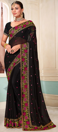 Black and Grey color Saree in Georgette fabric with Embroidered, Resham, Swarovski, Thread work