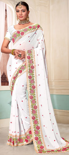 White and Off White color Saree in Georgette fabric with Embroidered, Resham, Swarovski, Thread work