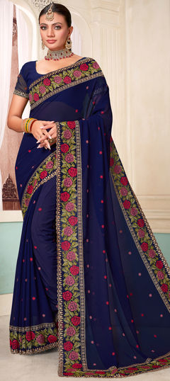 Blue color Saree in Georgette fabric with Embroidered, Resham, Swarovski, Thread work