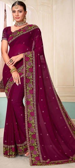 Purple and Violet color Saree in Georgette fabric with Embroidered, Resham, Swarovski, Thread work