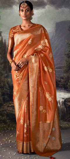 Orange color Saree in Organza Silk, Silk fabric with Stone, Swarovski, Weaving, Zari work