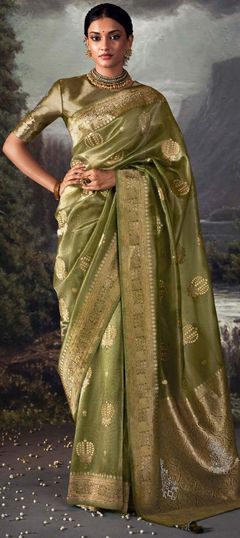 Green color Saree in Organza Silk, Silk fabric with Stone, Swarovski, Weaving, Zari work