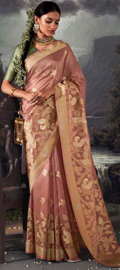 Pink and Majenta color Saree in Organza Silk, Silk fabric with Stone, Swarovski, Weaving, Zari work