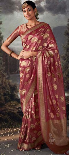 Bridal, Traditional, Wedding Pink and Majenta color Saree in Organza Silk, Silk fabric with South Stone, Swarovski, Weaving, Zari work : 1904054