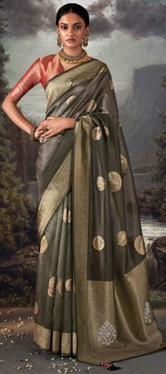 Green color Saree in Organza Silk, Silk fabric with Stone, Swarovski, Weaving, Zari work