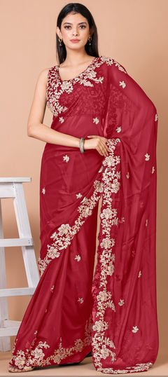 Festive, Party Wear, Reception Red and Maroon color Saree in Georgette fabric with Classic Embroidered, Sequence, Thread work : 1904109