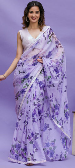 Purple and Violet color Saree in Art Silk, Silk fabric with Floral, Printed, Sequence work