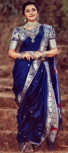 Party Wear, Traditional Blue color Saree in Art Silk, Silk fabric with South Weaving work : 1904174