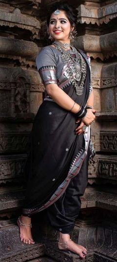 Party Wear, Traditional Black and Grey color Saree in Art Silk, Silk fabric with South Weaving work : 1904175